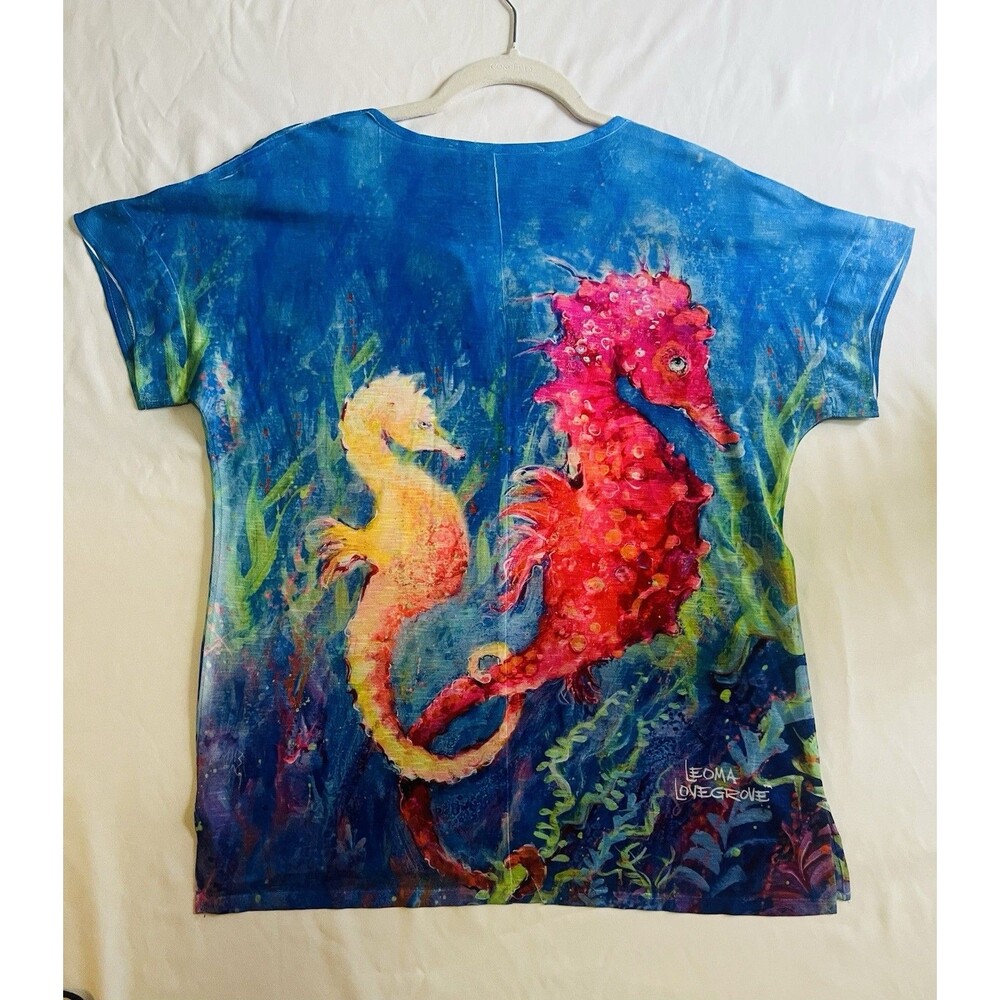 LEOMA LOVEGROVE Seahorse Art Tunic Top Size S Tropical Beachy Bling Art To Wear - Picture 2 of 7